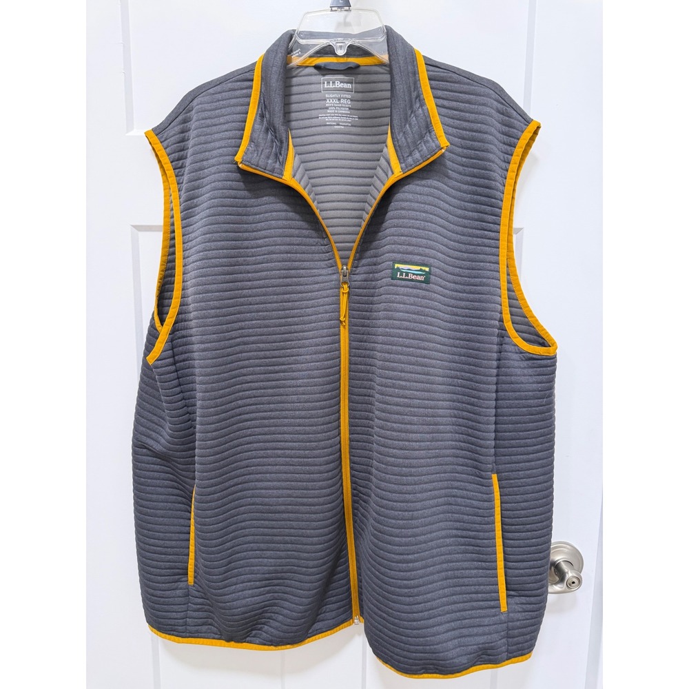 LL Bean Mens Quilted Vest Gray Yellow Trim Full Zip Slightly Fitted XXXL 513274